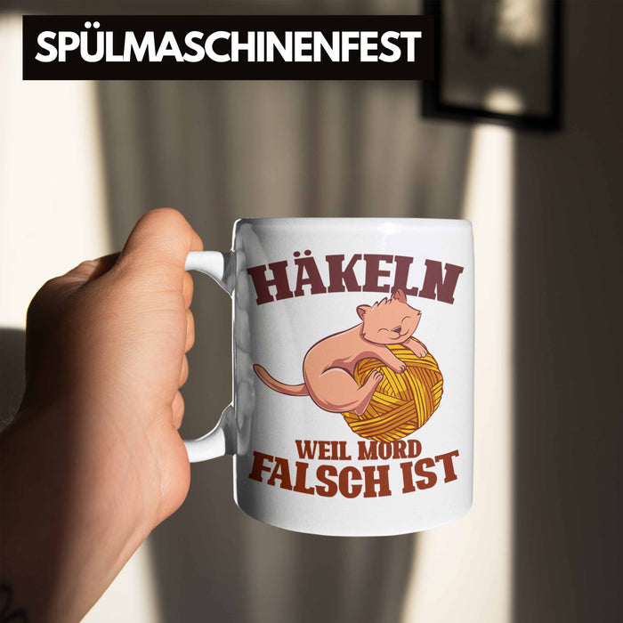 Lustige Strick Häkel-Tasse Geschenk Stricken Häkeln Weiß Trendation