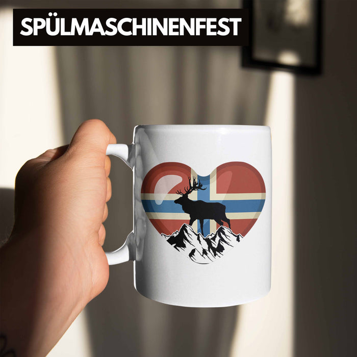 Norwegen Geschenke Tasse Flagge Nordkap Elch Norway Grafik Herz Weiß Trendation