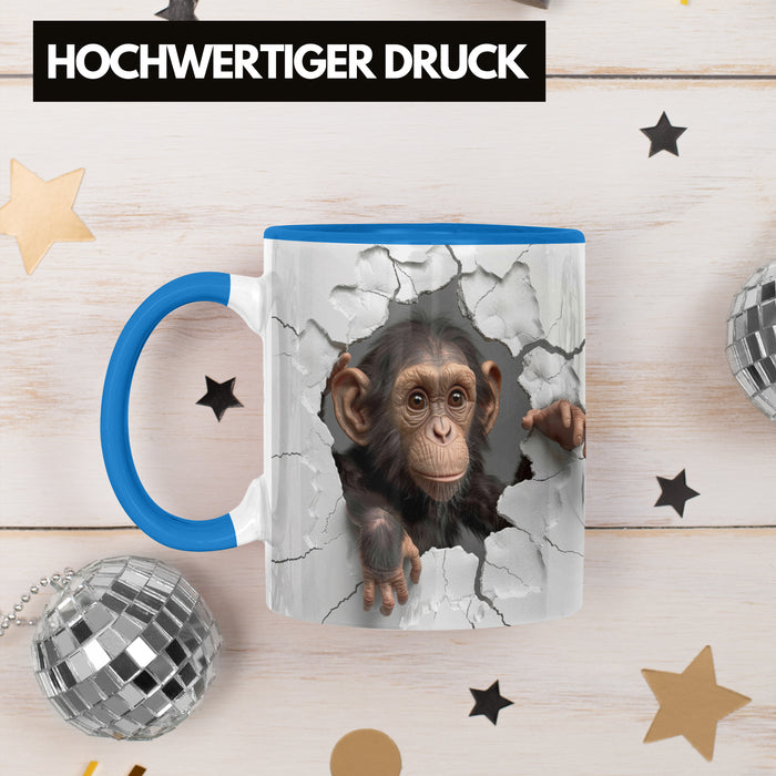 Affen Tasse 3D Chimpansen Kaffee-Becher Geschenkidee Affen-Liebhaber Blau Trendation