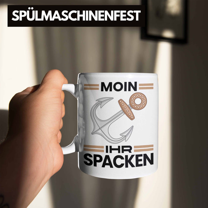 Möwe Anker Tasse Moin Ihr Spacken Norddeutschland Plattdeutsch Geschenkidee für Kapitän Weiß Trendation