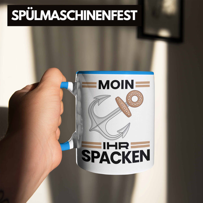 Möwe Anker Tasse Moin Ihr Spacken Norddeutschland Plattdeutsch Geschenkidee für Kapitän Blau Trendation