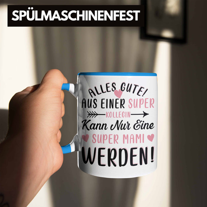 Mutterschutz Abschied Tasse Geschenk Kollegin Abschiedsgeschenk Werdende Mutter Mama Super Mami Blau Trendation