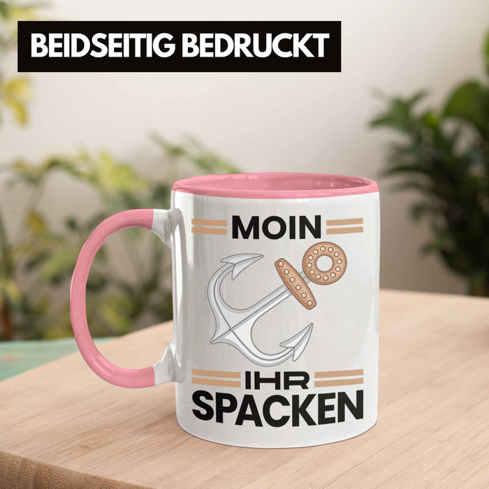 Möwe Anker Tasse Moin Ihr Spacken Norddeutschland Plattdeutsch Geschenkidee für Kapitän Rosa Trendation
