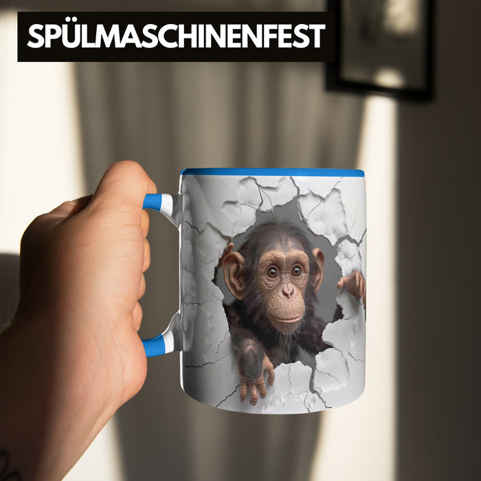 Affen Tasse 3D Chimpansen Kaffee-Becher Geschenkidee Affen-Liebhaber Blau Trendation