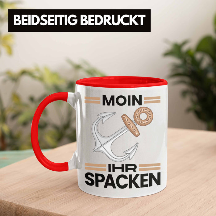 Möwe Anker Tasse Moin Ihr Spacken Norddeutschland Plattdeutsch Geschenkidee für Kapitän Rot Trendation