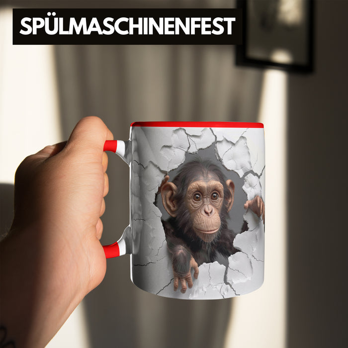 Affen Tasse 3D Chimpansen Kaffee-Becher Geschenkidee Affen-Liebhaber Rot Trendation
