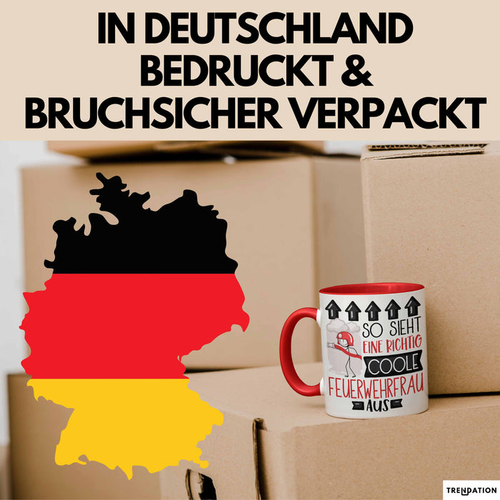 Feuerwehrfrau Geschenk Tasse Geschenkidee für Feuerwehrfrau Geburtstag Weihnachten Spruch So Sieht Eine Richtig Coole Feuerwehrfrau Aus Kaffee-Becher Rot Trendation