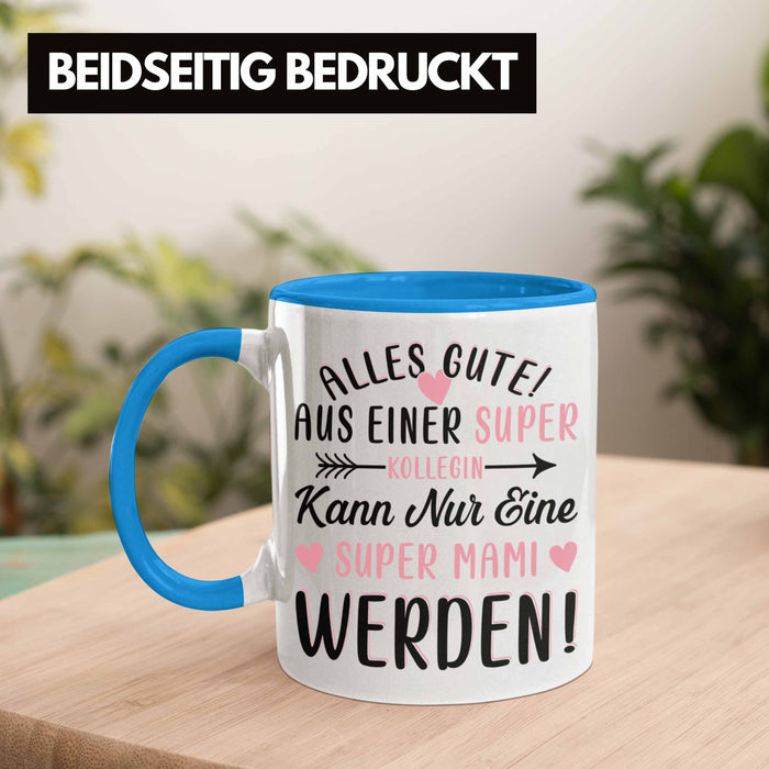 Mutterschutz Abschied Tasse Geschenk Kollegin Abschiedsgeschenk Werdende Mutter Mama Super Mami Blau Trendation