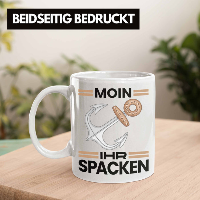 Möwe Anker Tasse Moin Ihr Spacken Norddeutschland Plattdeutsch Geschenkidee für Kapitän Weiß Trendation