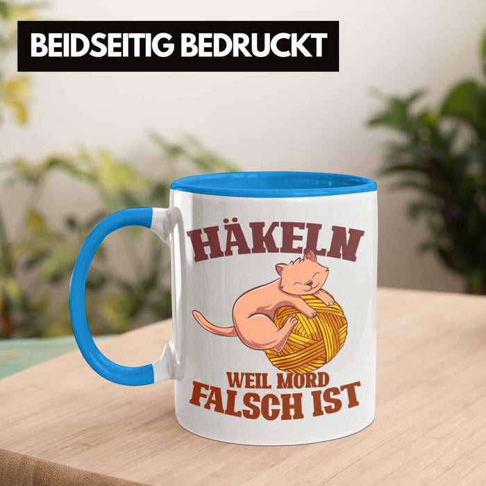 Lustige Strick Häkel-Tasse Geschenk Stricken Häkeln Blau Trendation