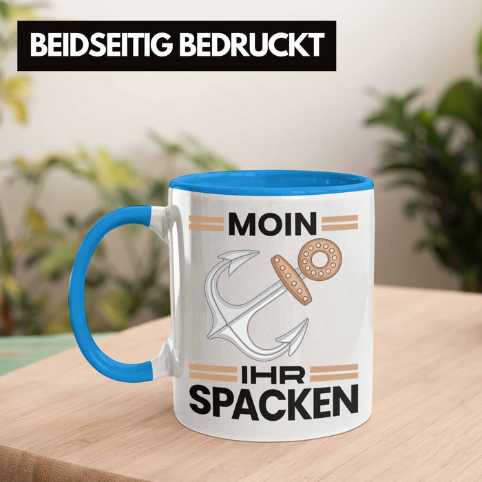 Möwe Anker Tasse Moin Ihr Spacken Norddeutschland Plattdeutsch Geschenkidee für Kapitän Blau Trendation