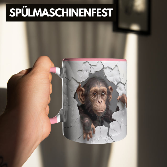 Affen Tasse 3D Chimpansen Kaffee-Becher Geschenkidee Affen-Liebhaber Rosa Trendation