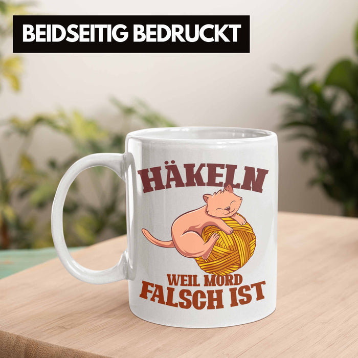 Lustige Strick Häkel-Tasse Geschenk Stricken Häkeln Weiß Trendation