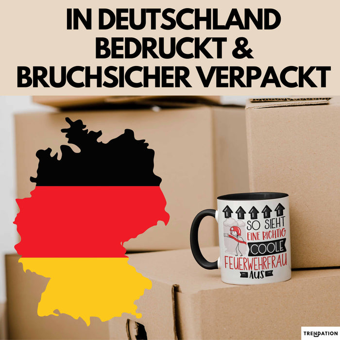 Feuerwehrfrau Geschenk Tasse Geschenkidee für Feuerwehrfrau Geburtstag Weihnachten Spruch So Sieht Eine Richtig Coole Feuerwehrfrau Aus Kaffee-Becher Trendation