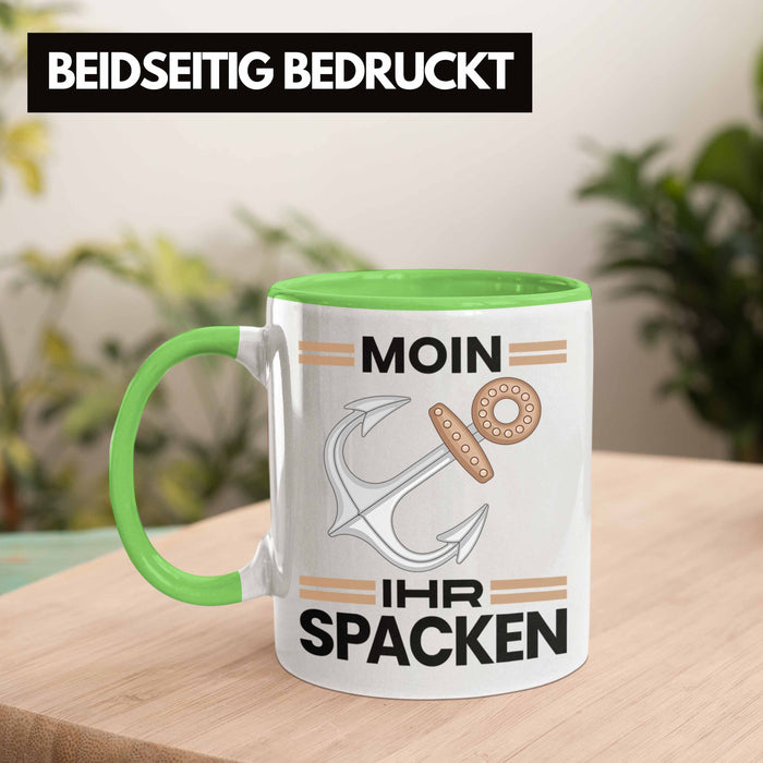 Möwe Anker Tasse Moin Ihr Spacken Norddeutschland Plattdeutsch Geschenkidee für Kapitän Grün Trendation