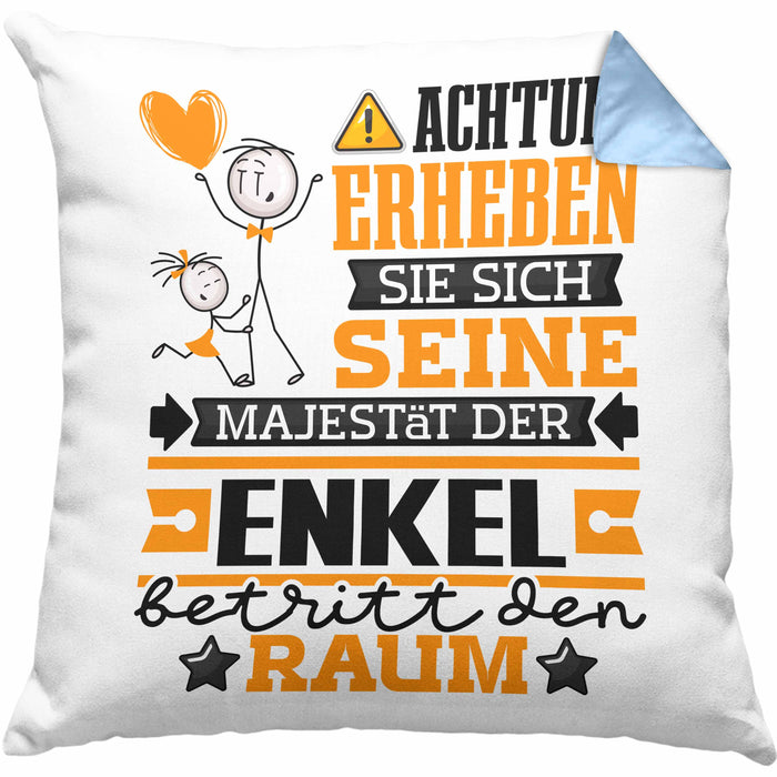 Enkel Geschenk Kissen mit Füllung 40x40 Lustiger Spruch Erheben Sie Sich Der Enkel Betritt den Raum (Grau) Blau Trendation