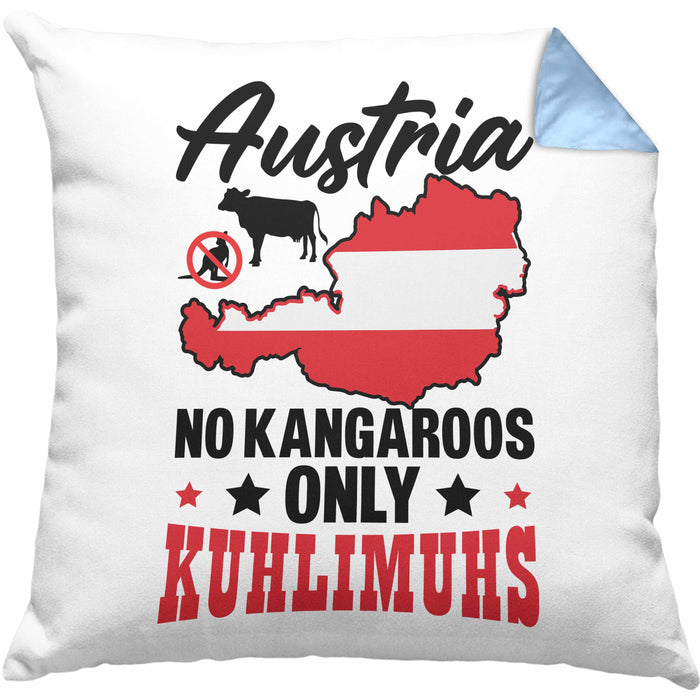 Keine Kängurus in Österreich Kissen mit Füllung 40x40 Geschenk Häferl Kuhlimuhs (Grau) Blau Trendation