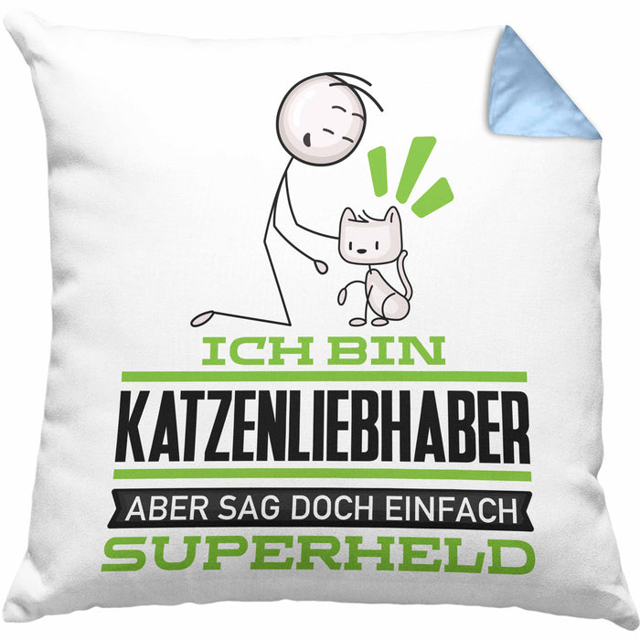 Katzenliebhaber Geschenk Kissen mit Füllung 40x40 Ich Bin Katzenliebhaber Aber Sag Doch Einfach Superheld Lustige Geschenkdiee für Katzenliebhaber (Grau) Blau Trendation