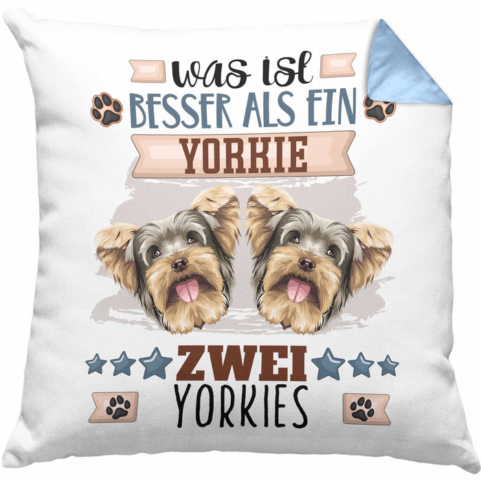 Yorkie Besitzer Kissen mit Füllung 40x40 Geschenk Lustiger Spruch Geschenkidee Was Ist Besser Als Ein Yorkie (Grau) Blau Trendation