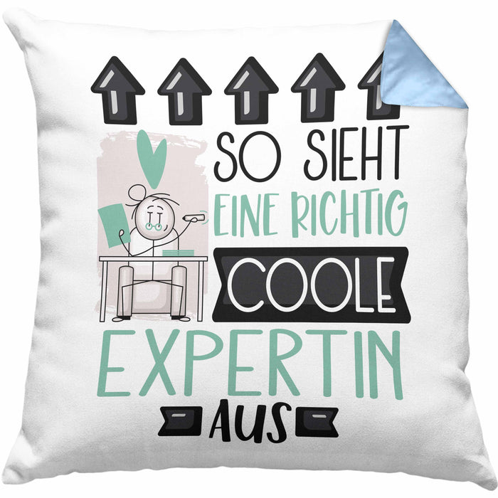 Expertin Geschenk Kissen mit Füllung 40x40 Lustig Geschenkidee für Expertin Geburtstag So Sieht Eine Richtig Coole Expertin Aus Frauen Spruch (Grau) Blau Trendation