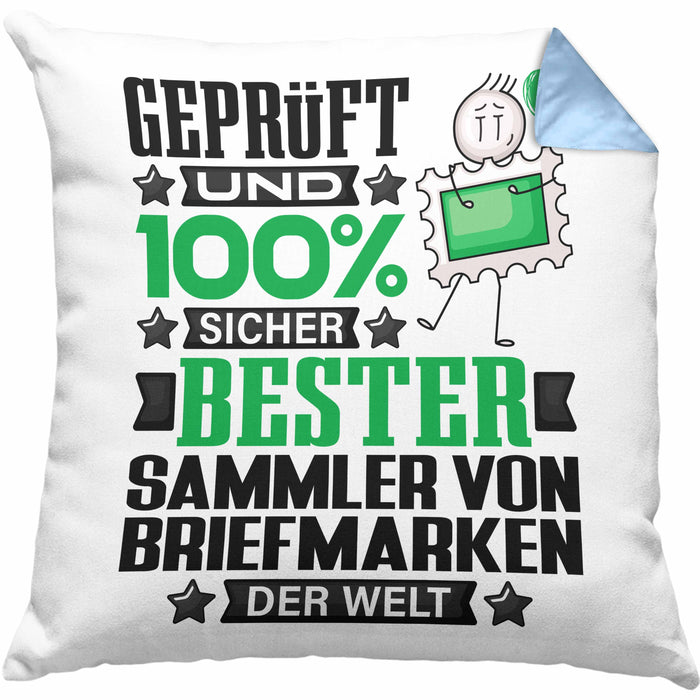 SammlervonBriefmarken Geschenk Lustiger Spruch für SammlervonBriefmarken Geschenkidee Bester SammlervonBriefmarken Der WeltKissen mit Füllung 40x40 (Grau) Blau Trendation