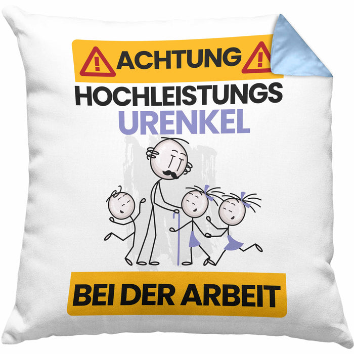 Urenkel Kissen mit Füllung 40x40 Geschenk Lustiger Spruch Geschenkidee für Urenkel Achtung Hochleistungs Urenkel Bei Der Arbeit (Grau) Blau Trendation