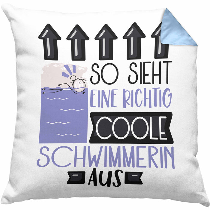 Schwimmerin Geschenk Kissen mit Füllung 40x40 Lustig Geschenkidee für Schwimmerin Geburtstag So Sieht Eine Richtig Coole Schwimmerin Aus Frauen Spruch (Grau) Blau Trendation