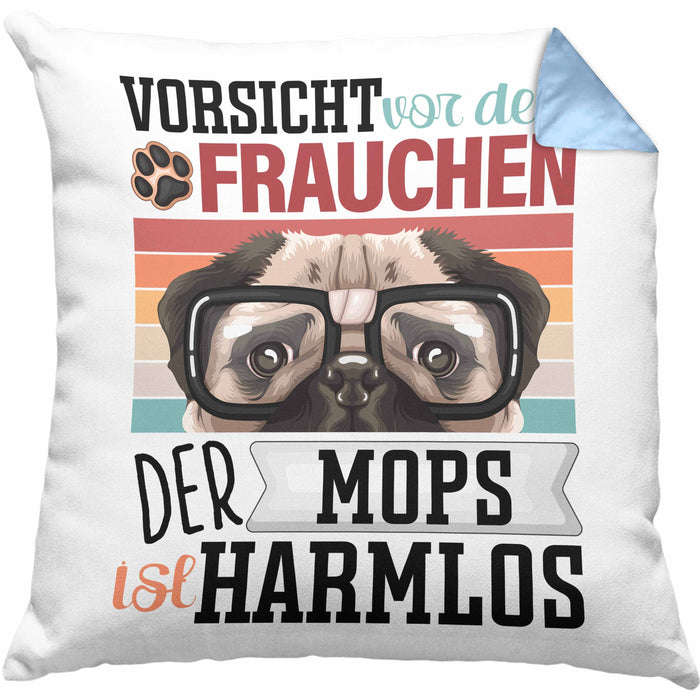 Mops Besitzerin Frauchen Kissen mit Füllung 40x40 Geschenk Lustiger Spruch Geschenkidee Vorsicht Vor Dem Frauchen (Grau) Blau Trendation