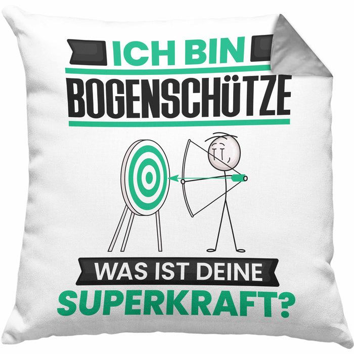 Bogenschütze Kissen mit Füllung 40x40 Geschenk für Bogenschütze Geburtstag Lustiger Spruch Was Ist Deine Superkraft (Grau) Grau Trendation