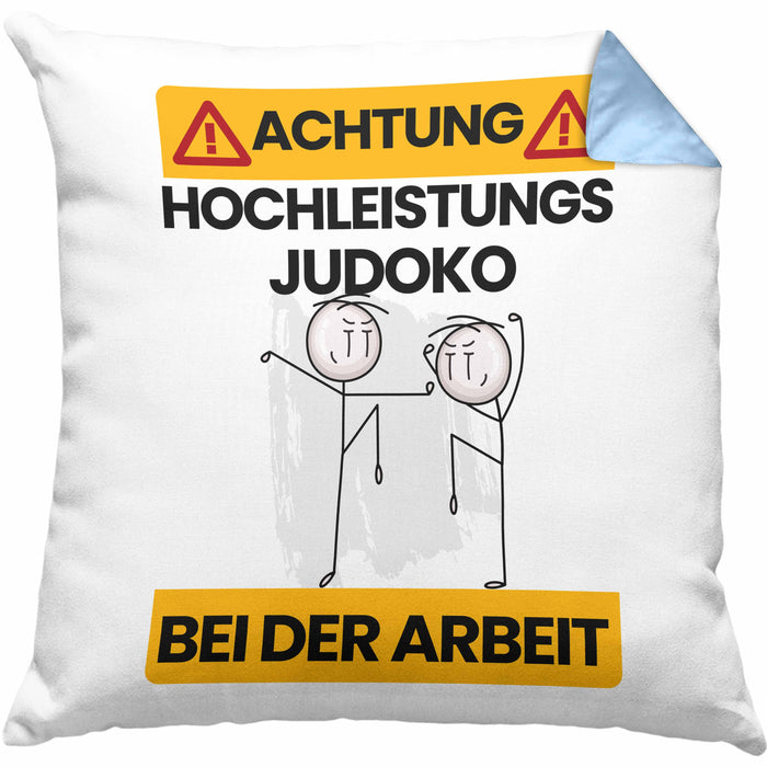 Judoka Kissen mit Füllung 40x40 Geschenk Lustiger Spruch Geschenkidee für Judoka Achtung Hochleistungs Judoka Bei Der Arbeit (Grau) Blau Trendation