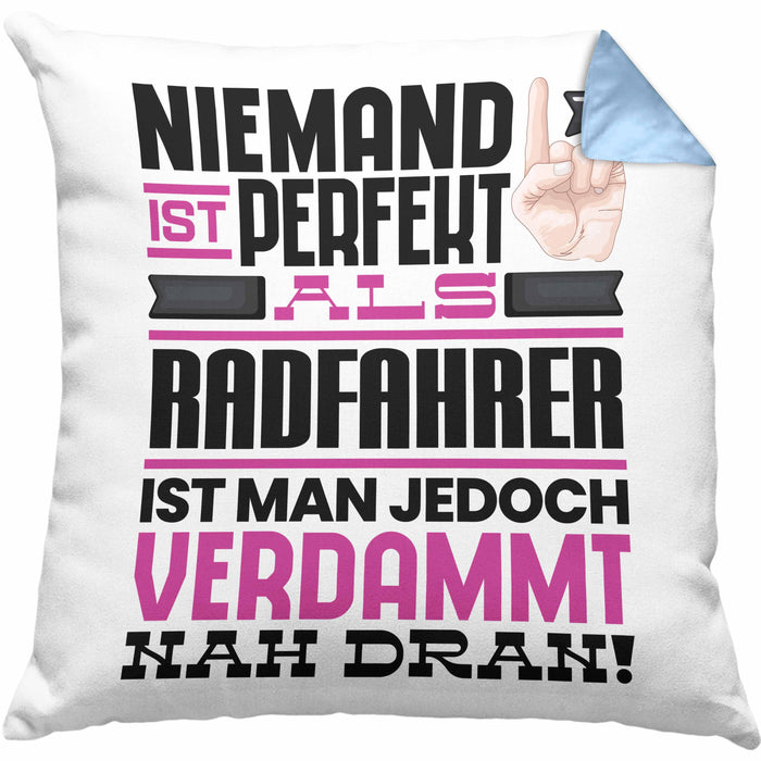 Radfahrer Geschenk Kissen mit Füllung 40x40 Lustige Geschenkidee für Radfahrer Geburtstag Niemand Ist Perfekt Aber Als Radfahrer Ist Man Nah Dran (Grau) Blau Trendation