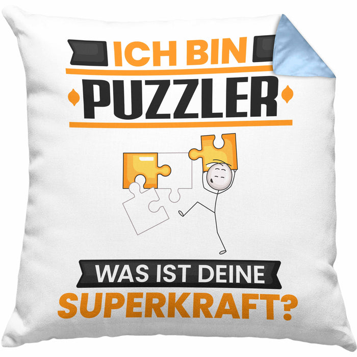 Puzzler Kissen mit Füllung 40x40 Geschenk für Puzzler Geburtstag Lustiger Spruch Was Ist Deine Superkraft (Grau) Blau Trendation