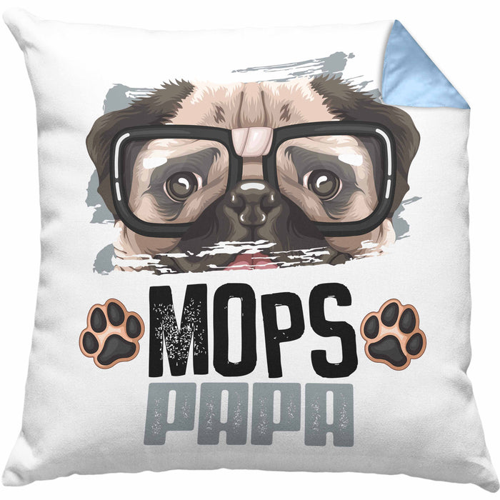 Mops Papa Besitzer Kissen mit Füllung 40x40 Geschenk Lustiger Spruch Geschenkidee Mops Liebhaber (Grau) Blau Trendation