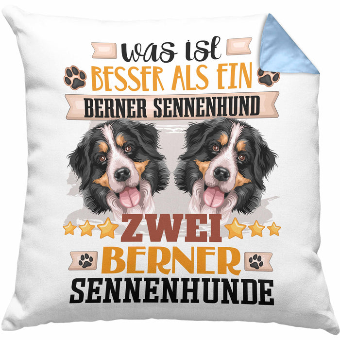 Berner Sennenhund Besitzer Kissen mit Füllung 40x40 Geschenk Lustiger Spruch Geschenkidee Was Ist Besser Als Ein Berner Sennenhund (Grau) Blau Trendation