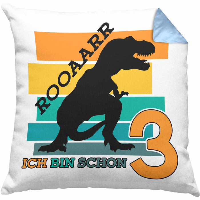3. Geburtstag Jungs Dinosaurier Kissen mit Füllung 40x40 3er Geburtstag (Grau) Blau Trendation