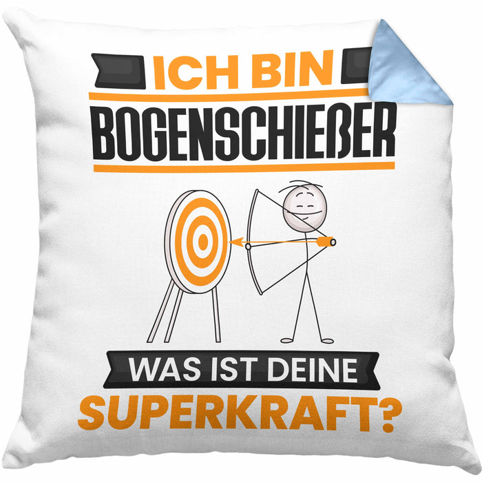 Bogenschießer Kissen mit Füllung 40x40 Geschenk für Bogenschießer Geburtstag Lustiger Spruch Was Ist Deine Superkraft (Grau) Blau Trendation