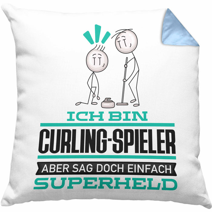 Curling-Spieler Geschenk Kissen mit Füllung 40x40 Ich Bin Curling-Spieler Aber Sag Doch Einfach Superheld Lustige Geschenkdiee für Curling-Spieler (Grau) Blau Trendation