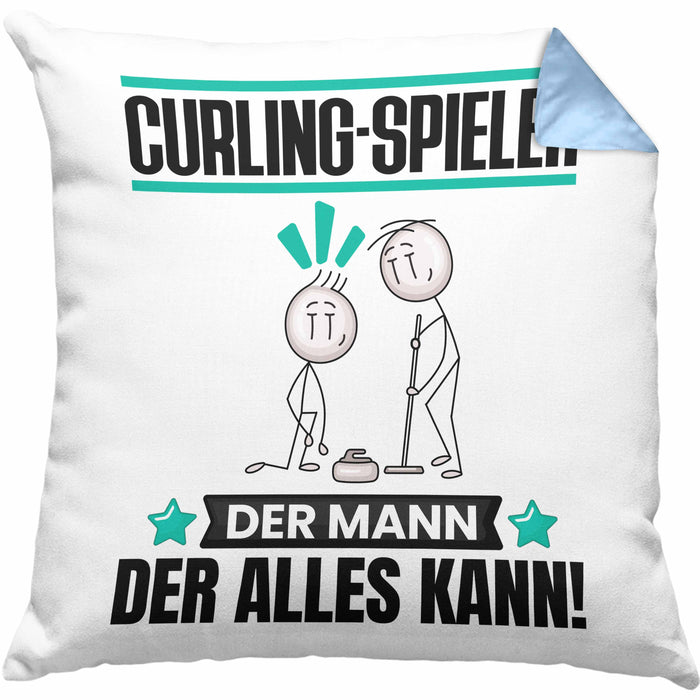 Curling-Spieler Kissen mit Füllung 40x40 Geschenk für Curling-Spieler Der Mann Der Alles Kann Geschenkidee zum Geburtstag (Grau) Blau Trendation