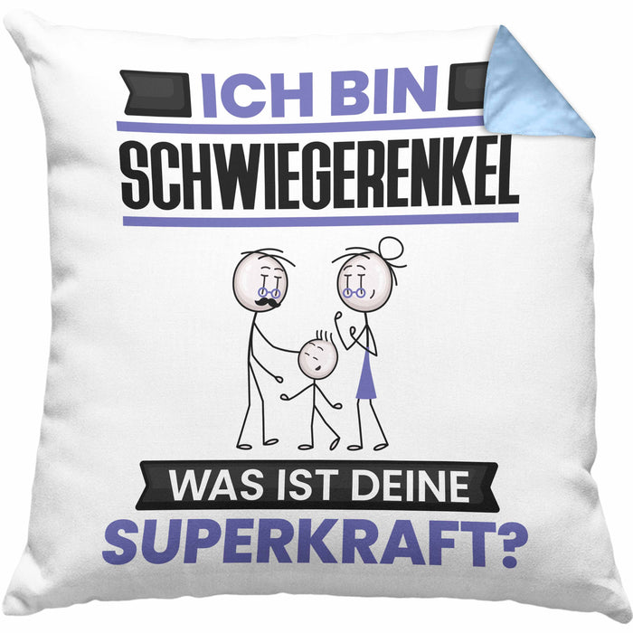 Schwiegerenkel Kissen mit Füllung 40x40 Geschenk für Schwiegerenkel Geburtstag Lustiger Spruch Was Ist Deine Superkraft (Grau) Blau Trendation