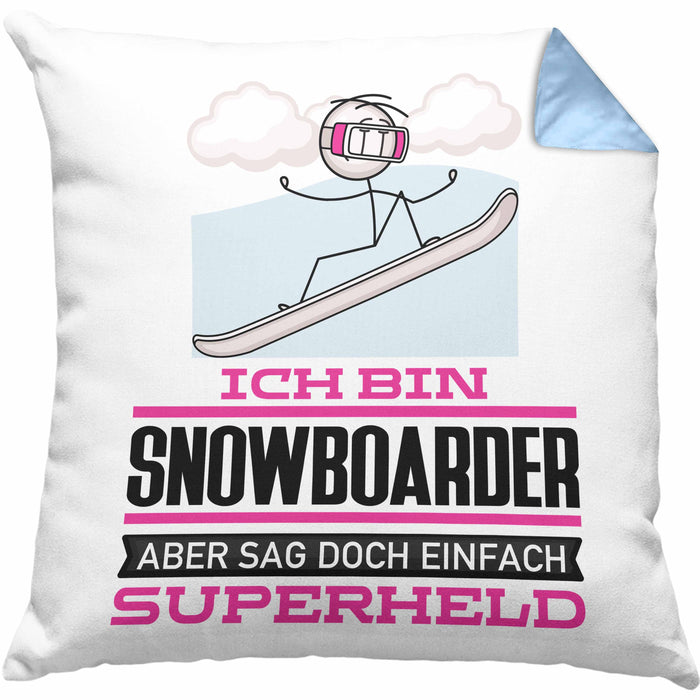 Snowboarder Geschenk Kissen mit Füllung 40x40 Ich Bin Snowboarder Aber Sag Doch Einfach Superheld Lustige Geschenkdiee für Snowboarder (Grau) Blau Trendation