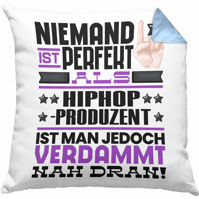 Hiphop-Produzent Geschenk Kissen mit Füllung 40x40 Lustige Geschenkidee für Hiphop-Produzent Geburtstag Niemand Ist Perfekt Aber Als Hiphop-Produzent Ist Man Nah Dran (Grau) Blau Trendation