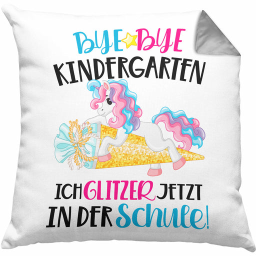 Bye Bye Kindergarten Einschulung Mädchen Geschenk Kissen mit Füllung 40x40 Schulstart 1. Schultag Schuleinführung Schulanfang Geschenkidee 2024 Schulkind (Grau) Grau Trendation