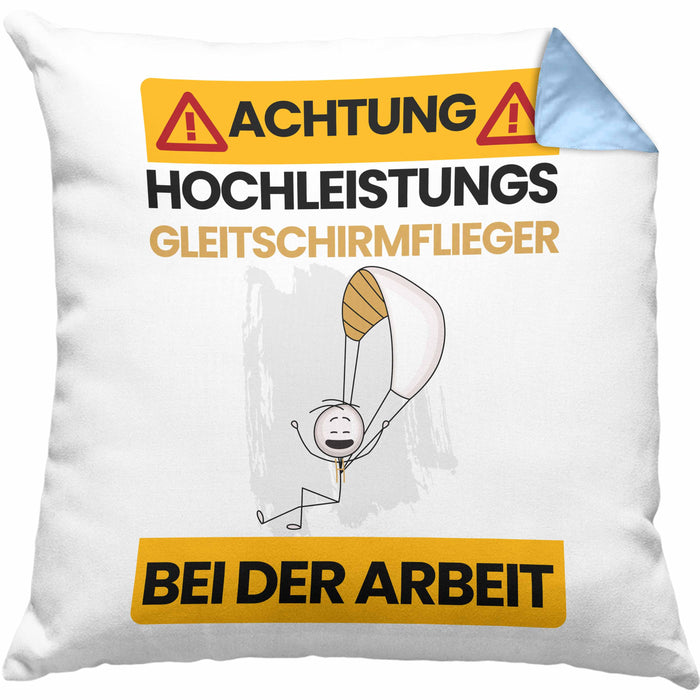 Gleitschirmflieger Kissen mit Füllung 40x40 Geschenk Lustiger Spruch Geschenkidee für Gleitschirmflieger Achtung Hochleistungs Gleitschirmflieger Bei Der Arbeit (Grau) Blau Trendation