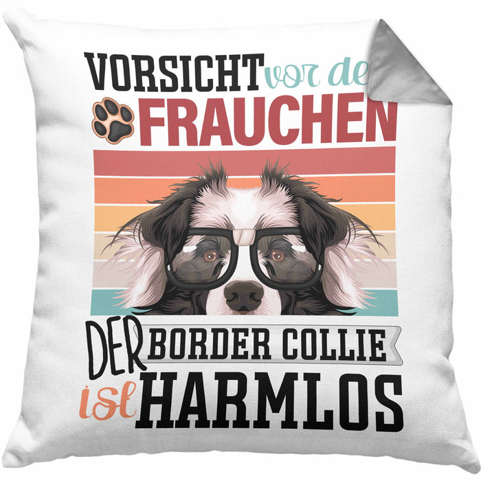 Border Collies Besitzerin Frauchen Kissen mit Füllung 40x40 Geschenk Lustiger Spruch Geschenkidee Vorsicht Vor Dem Frauchen (Grau) Grau Trendation