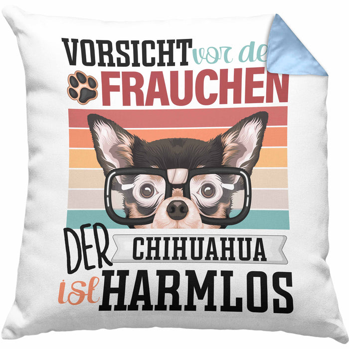 Chihuahua Besitzerin Frauchen Kissen mit Füllung 40x40 Geschenk Lustiger Spruch Geschenkidee Vorsicht Vor Dem Frauchen (Grau) Blau Trendation