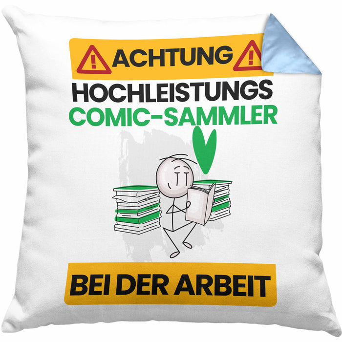 Comic-Sammler Kissen mit Füllung 40x40 Geschenk Lustiger Spruch Geschenkidee für Comic-Sammler Achtung Hochleistungs Comic-Sammler Bei Der Arbeit (Grau) Blau Trendation