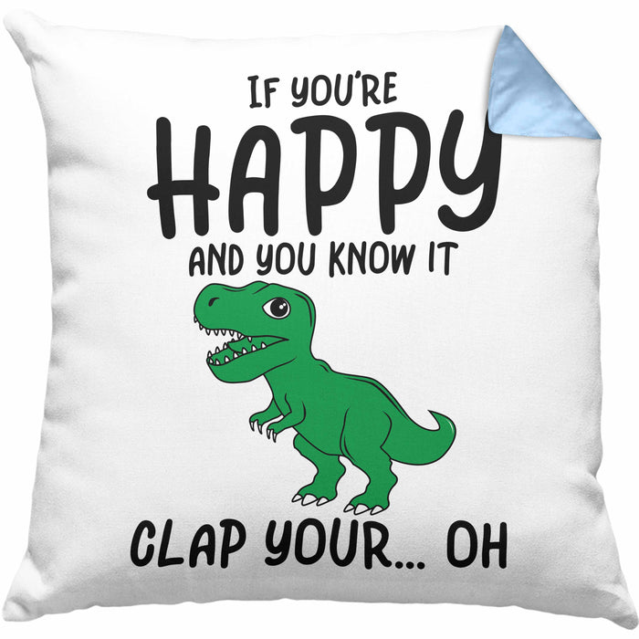 T-Rex Dino Kissen mit Füllung 40x40 Geschenk Wenn Du Glücklich Bist Und Du Es Weißt Klatsche Geschenkidee Dinosaurier Fans (Grau) Blau Trendation
