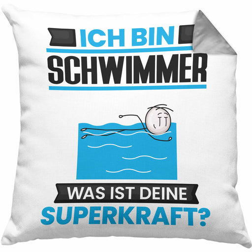 Schwimmer Kissen mit Füllung 40x40 Geschenk für Schwimmer Geburtstag Lustiger Spruch Was Ist Deine Superkraft (Grau) Grau Trendation