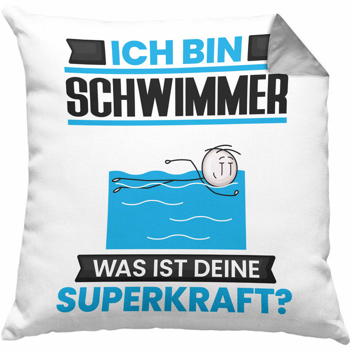 Schwimmer Kissen mit Füllung 40x40 Geschenk für Schwimmer Geburtstag Lustiger Spruch Was Ist Deine Superkraft (Grau) Grau Trendation