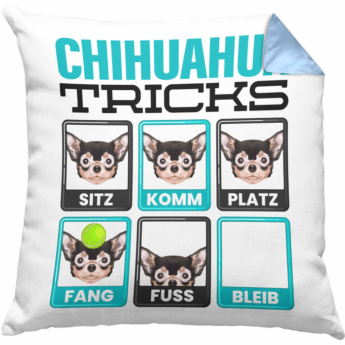 Chihuahua Besitzer Kissen mit Füllung 40x40 Geschenk Lustiger Spruch Geschenkidee Chihuahua Tricks Bleib (Grau) Blau Trendation